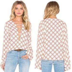 Faithfull the Brand Natalia Lace-Up Blouse Rust Plaid Long Sleeve‎ Top Small